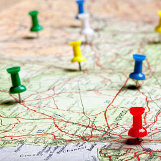 Map with pushpins at different destinations